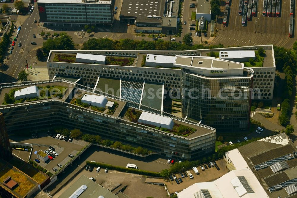 Köln from the bird's eye view: Office and administration buildings of the insurance company DKV on Scheidtweilerstrasse in the district Ehrenfeld in Cologne in the state North Rhine-Westphalia, Germany