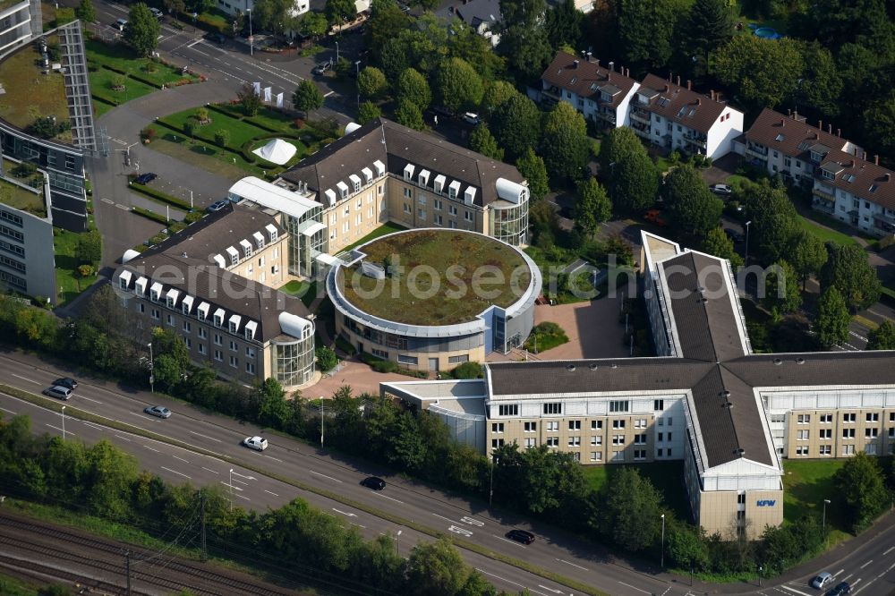 Aerial image Bonn - Banking administration building of the financial services company KfW on Ludwig Erhard Platz in the district Bad Godesberg in Bonn in the state North Rhine-Westphalia, Germany