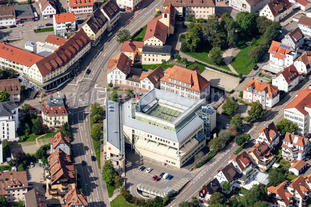 Freudenstadt from above - Banking administration building of the financial services company Kreissparkasse Freudenstadt in Freudenstadt at Schwarzwald in the state Baden-Wuerttemberg, Germany