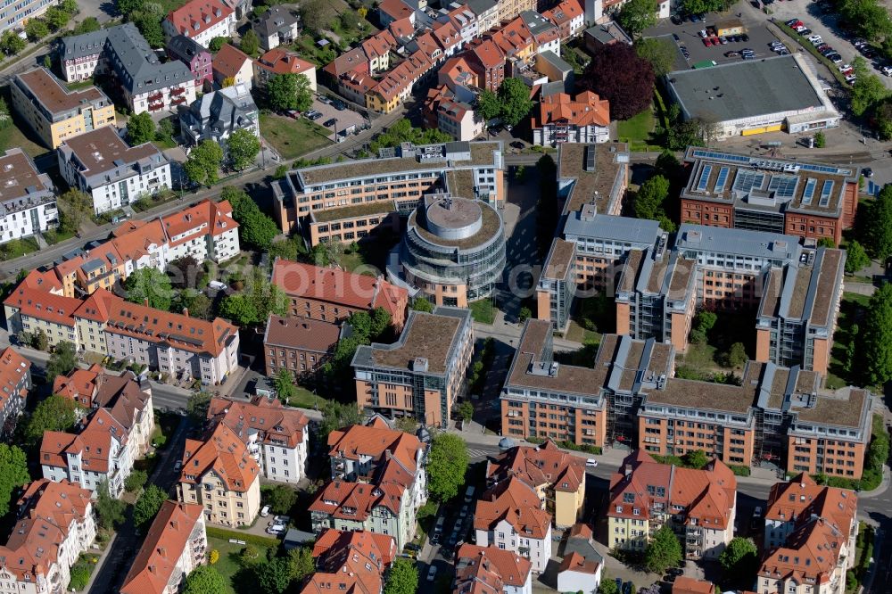 Aerial image Erfurt - Banking administration building of the financial services company of Landesbank Hessen-Thueringen Girozentrale and of Sparkassenakademie Hessen-Thueringen in the district Bruehlervorstadt in Erfurt in the state Thuringia, Germany