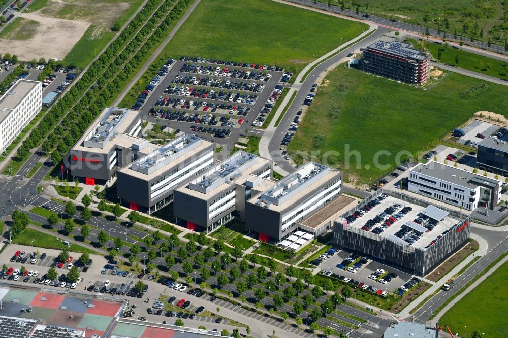 Mönchengladbach from above - Banking administration building of the financial services company Santander Consumer Bank AG Am Nordpark in Moenchengladbach in the state North Rhine-Westphalia, Germany