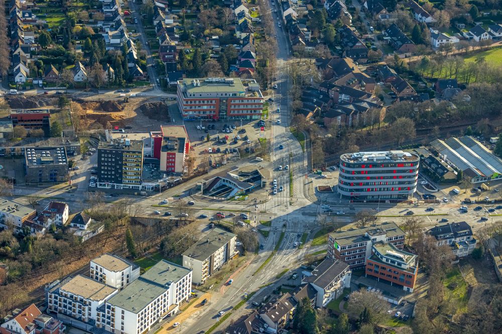 Aerial image Duisburg - Construction site of banking administration building of the financial services company Sparkasse on street Duesseldorfer Landstrasse in the district Buchholz in Duisburg at Ruhrgebiet in the state North Rhine-Westphalia, Germany