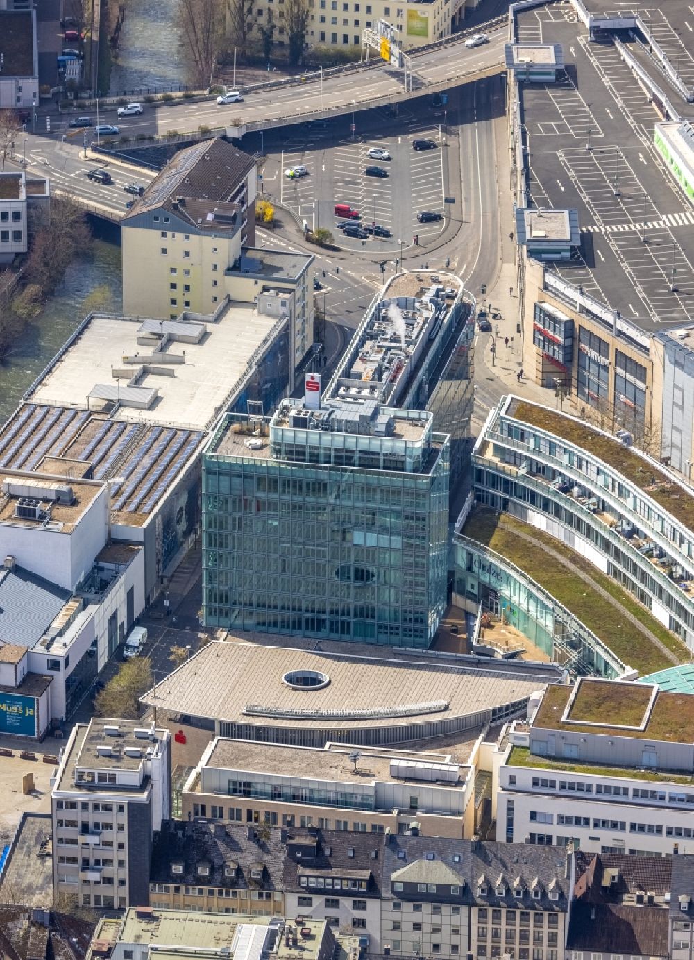 Aerial image Siegen - Banking administration building of the financial services company Sparkasse Siegen - Beratungsfiliale in Siegen at Siegerland in the state North Rhine-Westphalia, Germany