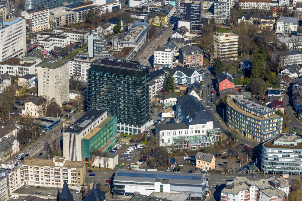 Aerial photograph Siegen - Banking administration building of the financial services company Sparkasse Siegen - Beratungsfiliale in Siegen at Siegerland in the state North Rhine-Westphalia, Germany