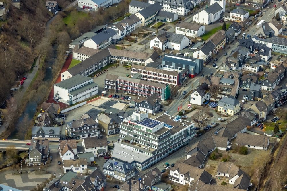 Aerial image Bad Berleburg - Banking administration building of the financial services company Sparkasse Wittgenstein on Poststrasse in Bad Berleburg in the state North Rhine-Westphalia, Germany