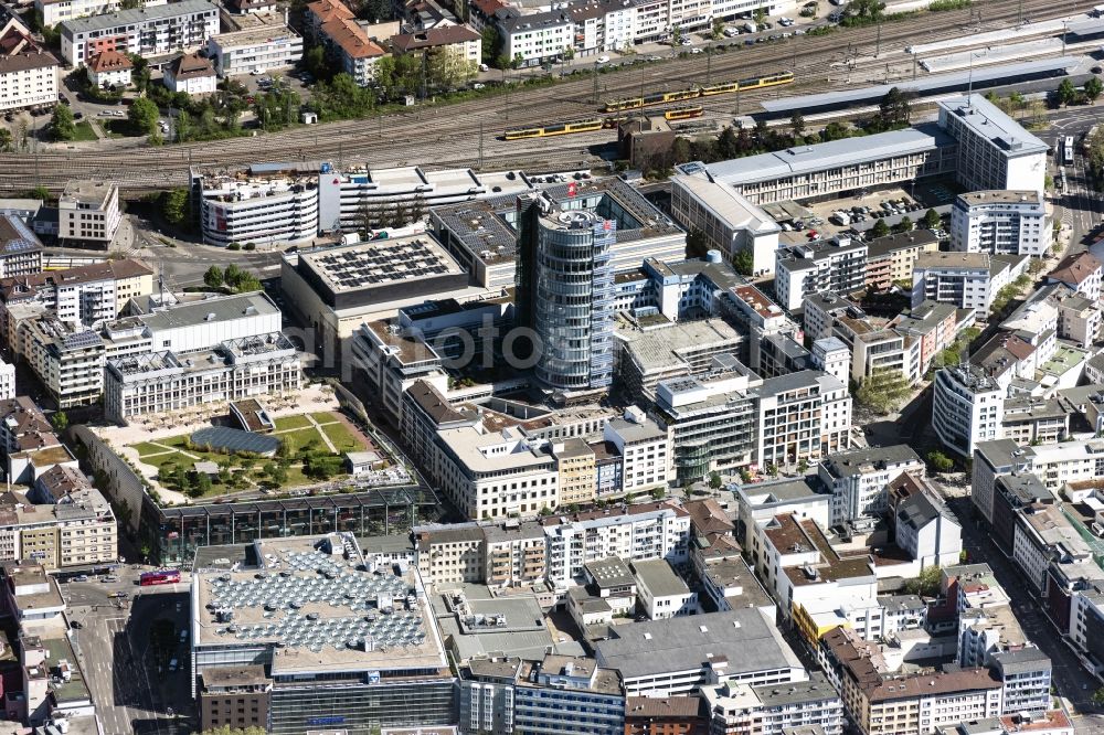Pforzheim from the bird's eye view: Banking administration building of the financial services company Sparkassenturm of SPARKASSE in Pforzheim in the state Baden-Wurttemberg, Germany