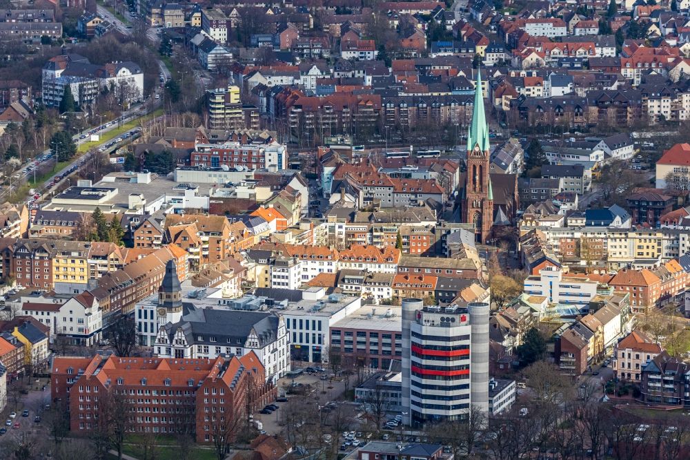 Aerial image Gladbeck - Banking administration building of the financial services company Stadtsparkasse Gladbeck - Hauptgeschaeftsstelle on Friedrich-Ebert-Strasse in Gladbeck in the state North Rhine-Westphalia, Germany