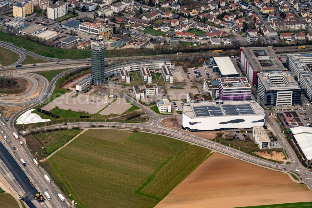 Aerial photograph Neckarsulm - Administrative building of the industrial area Fujitsu Bueroturm Neckarsulm in Neckarsulm in the state Baden-Wuerttemberg, Germany