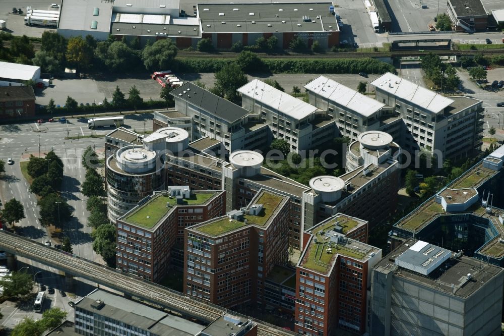 Hamburg from the bird's eye view: Office and administration buildings of the healthinsurance company Barmer GEK at Hammerbrookstreet in the district Hammerbrook in Hamburg
