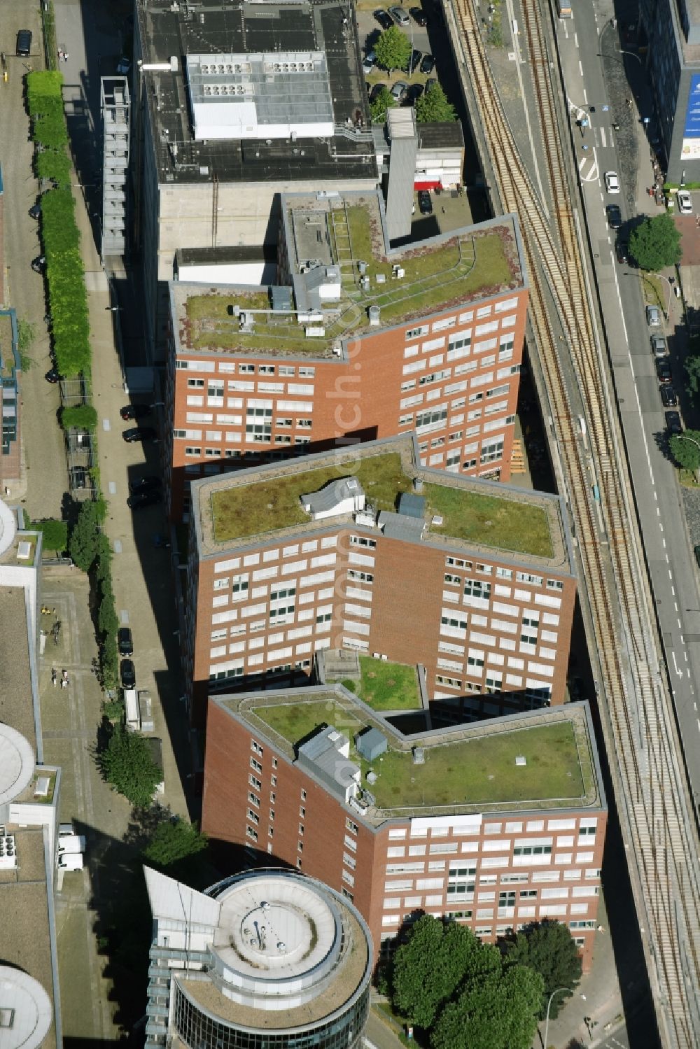 Aerial image Hamburg - Office and administration buildings of the healthinsurance company Barmer GEK at Hammerbrookstreet in the district Hammerbrook in Hamburg
