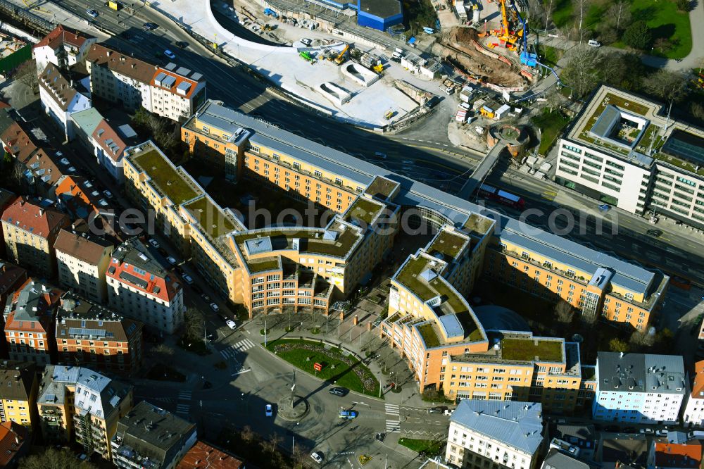 Stuttgart from the bird's eye view: Administrative building of the state authority Ministry for the Environment, Climate and Energy Economics Baden-Wuerttemberg and Ministry for Rural Areas and Consumer Protection at Kernerplatz in the district Kernerviertel in Stuttgart in the state Baden-Wurttemberg, Germany