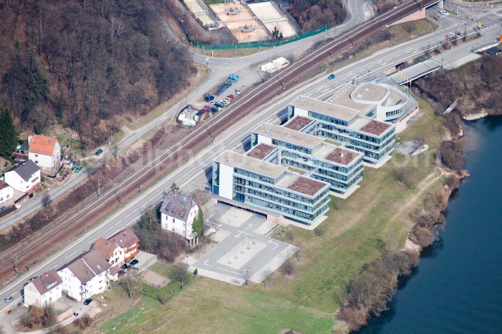 Eberbach from above - Administration building of the pharmaceutical company GELITA AG at the shore of the river Neckar in Eberbach in the state Baden-Wuerttemberg