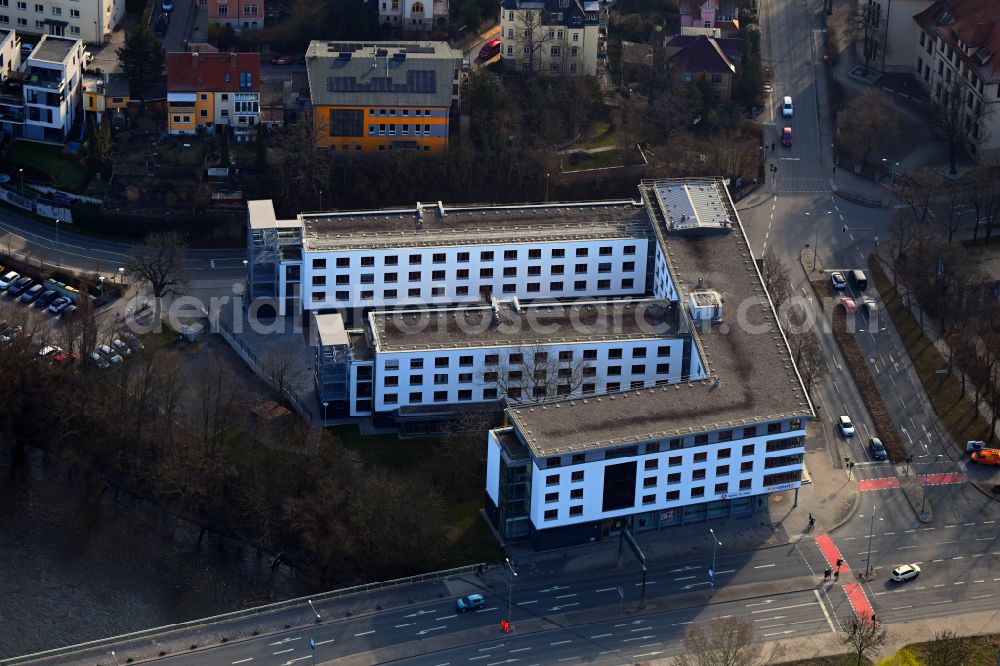Aerial image Jena - Administrative building of the State Authority of the Bundesagentur fuer Arbeit (BA) along the Stadtrodaer Strasse in the district Wenigenjena in Jena in the state Thuringia, Germany