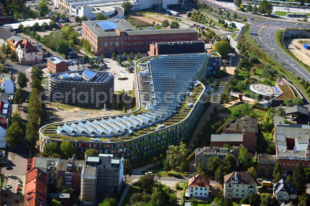 Dessau from the bird's eye view: Administrative building of the State Authority UBA Umweltbundesamt on place Woerlitzer Platz in Dessau in the state Saxony-Anhalt, Germany