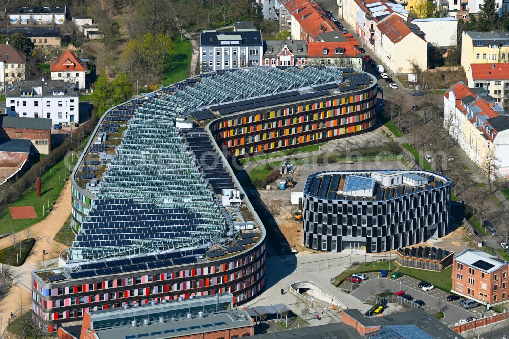 Dessau from above - Administrative building of the State Authority UBA Umweltbundesamt on place Woerlitzer Platz in Dessau in the state Saxony-Anhalt, Germany
