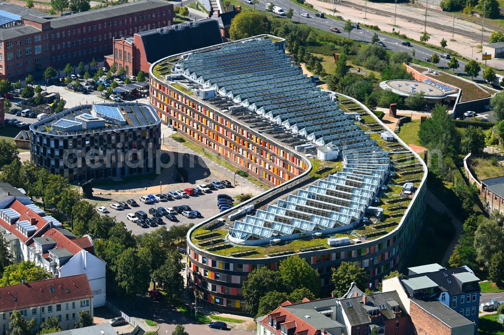 Dessau from the bird's eye view: Administrative building of the State Authority UBA Umweltbundesamt on place Woerlitzer Platz in Dessau in the state Saxony-Anhalt, Germany