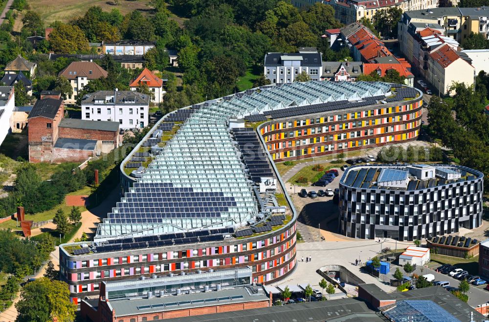 Dessau from above - Administrative building of the State Authority UBA Umweltbundesamt on place Woerlitzer Platz in Dessau in the state Saxony-Anhalt, Germany