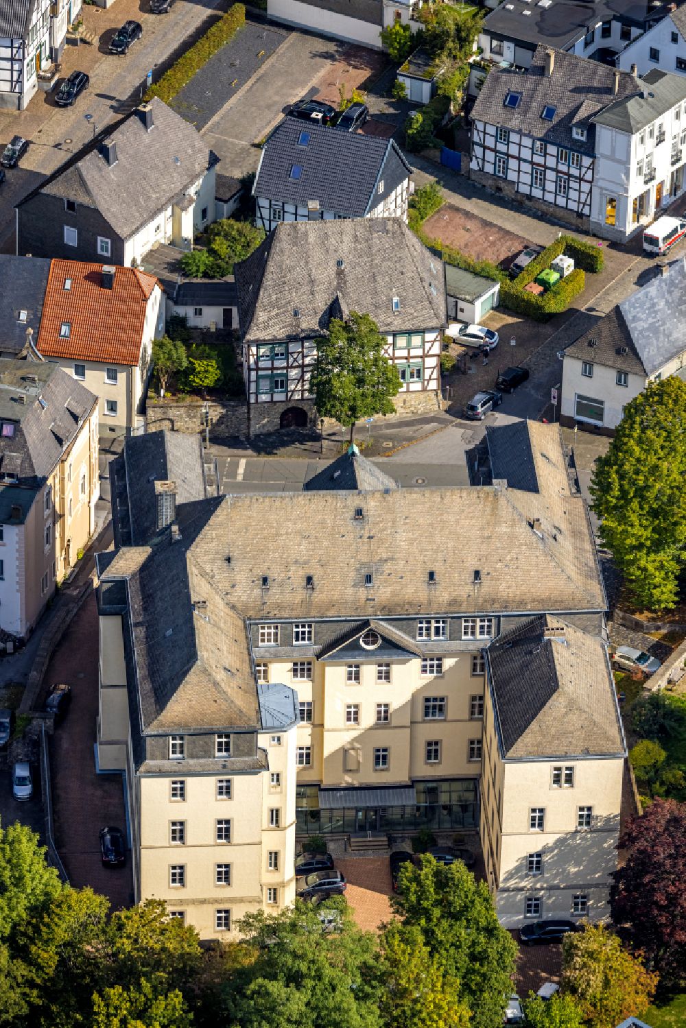 Arnsberg from above - Administrative building of the State Authority of Verwaltungsgericht Arnsberg in the Jaegerstrasse in Arnsberg in the state North Rhine-Westphalia, Germany. The building was built in 1783 from the remains of the castle and served amongst other things as a prison and barracks