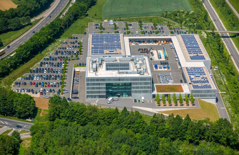 Aerial photograph Hagen - Administration building of the company ENERVIE - Suedwestfalen Energie und Wasser AG on Platz der Impulse in the district Herbeck in Hagen in the state North Rhine-Westphalia