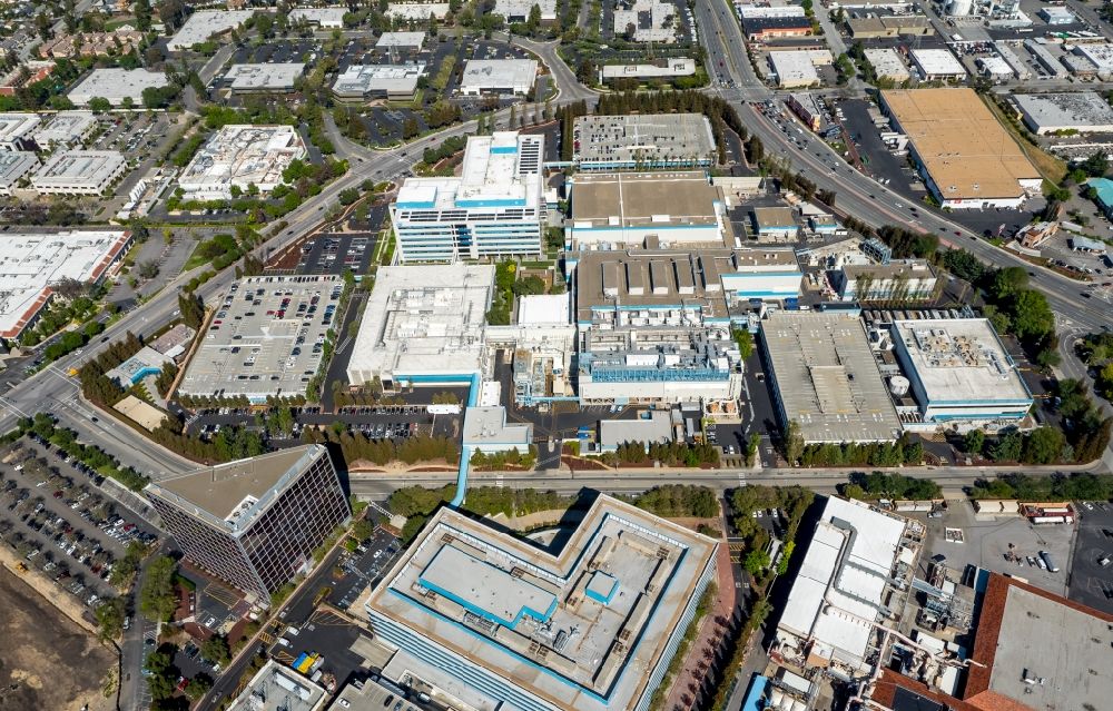 Santa Clara from above - Administration building of the company Intel headquarters and Vishay Americas inc. Broadcom ca technologies Santa Clara in Silicon Valley in California, USA