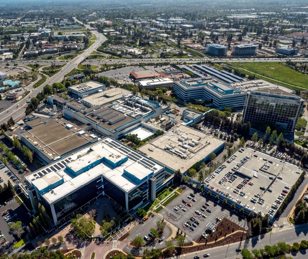 Aerial photograph Santa Clara - Administration building of the company Intel headquarters and Vishay Americas inc. Broadcom ca technologies Santa Clara in Silicon Valley in California, USA