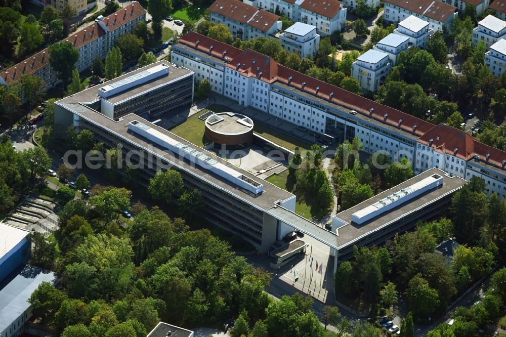 Erfurt from the bird's eye view: Administrative building of the State Authority Thueringer Ministerium fuer Migration, Justiz und Verbraucherschutz, Thueringer Ministerium fuer Bau, Landesentwicklung und Verkehr and Thueringer Ministerium fuer Bildung, Jugend und Sport in Erfurt in the state Thuringia