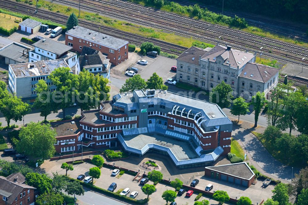 Holzminden from above - Office and administration buildings of the insurance company AOK in Holzminden in the state Lower Saxony, Germany
