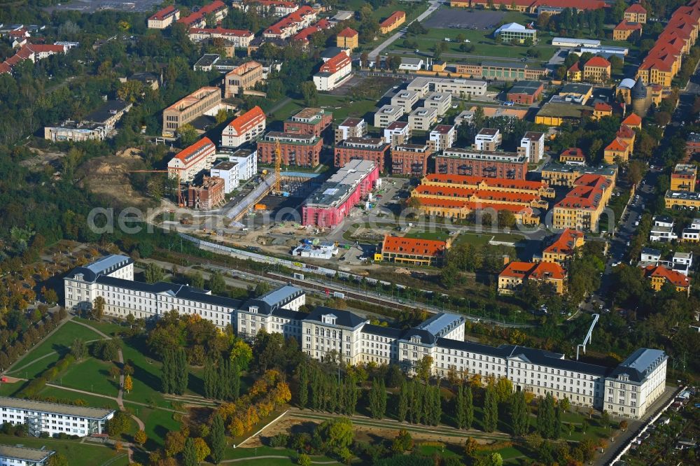 Aerial image Leipzig - Office and administration buildings of the insurance company Deutsche Rentenversicherung Mitteldeutschland at the Georg-Schumann-Strasse in the district Nord in Leipzig in the state Saxony, Germany