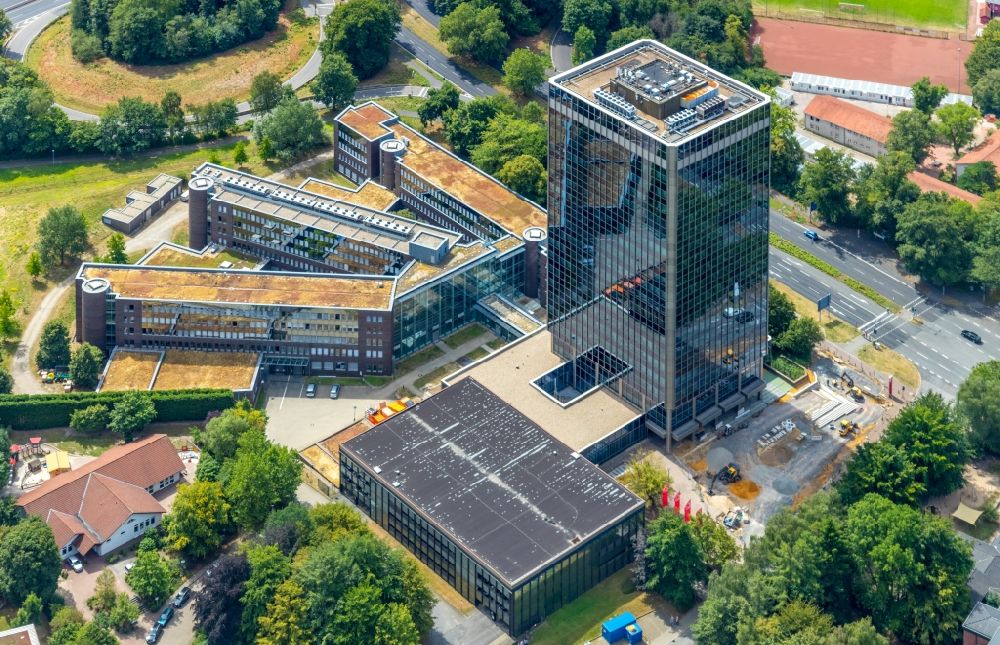 Aerial photograph Bochum - Office and administration buildings of the insurance company of Knappschaft on Knappschaftstrasse in the district Wiemelhausen in Bochum in the state North Rhine-Westphalia, Germany