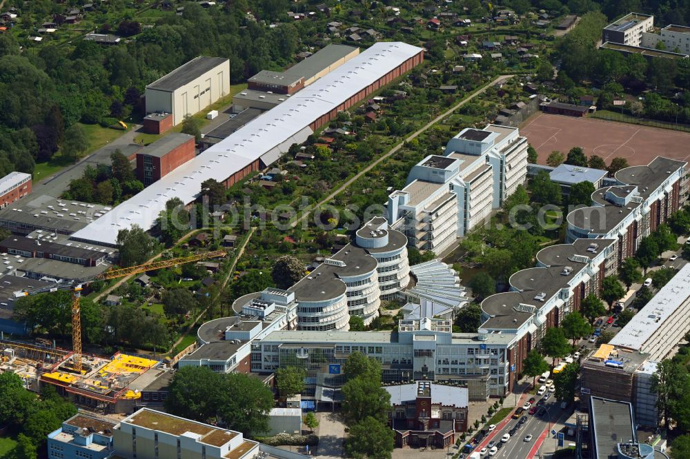 Aerial image Hamburg - Office and administration buildings of the insurance company Techniker Krankenkasse (TK) on Bramfelder Strasse in the district Barmbek in Hamburg, Germany
