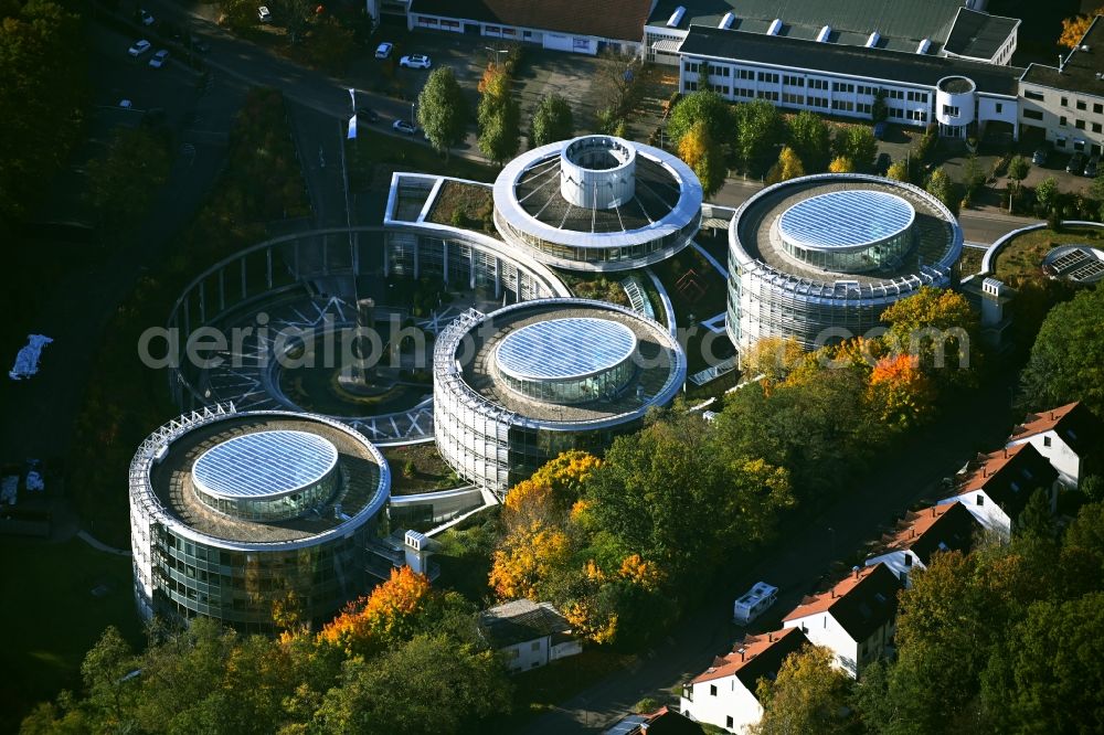 Saarbrücken from above - Office and administration buildings of the insurance company Union Krankenversicherung AG on Peter-Zimmer-Strasse in the district Sankt Johann in Saarbruecken in the state Saarland, Germany