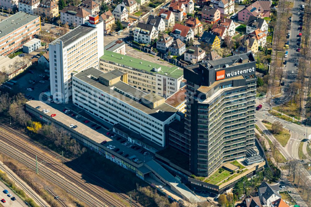 Ludwigsburg from the bird's eye view: Office and administration buildings of the insurance company Wuestenrot Bausparkasse AG on Wuestenrotstrasse in Ludwigsburg in the state Baden-Wurttemberg, Germany