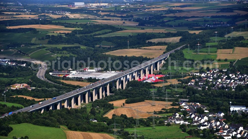 Bad Neuenahr-Ahrweiler from above - Routing and lanes in the course of the motorway bridge structure of the BAB A61 - Ahrtalbruecke in Bad Neuenahr-Ahrweiler in the state Rhineland-Palatinate, Germany