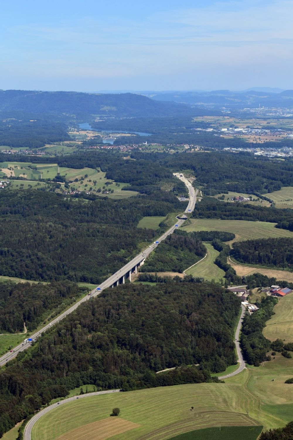Aerial image Rheinfelden (Baden) - Routing and lanes in the course of the motorway bridge structure of the BAB A 96 - Dultenaugrabenbruecke in Rheinfelden (Baden) in the state Baden-Wuerttemberg, Germany