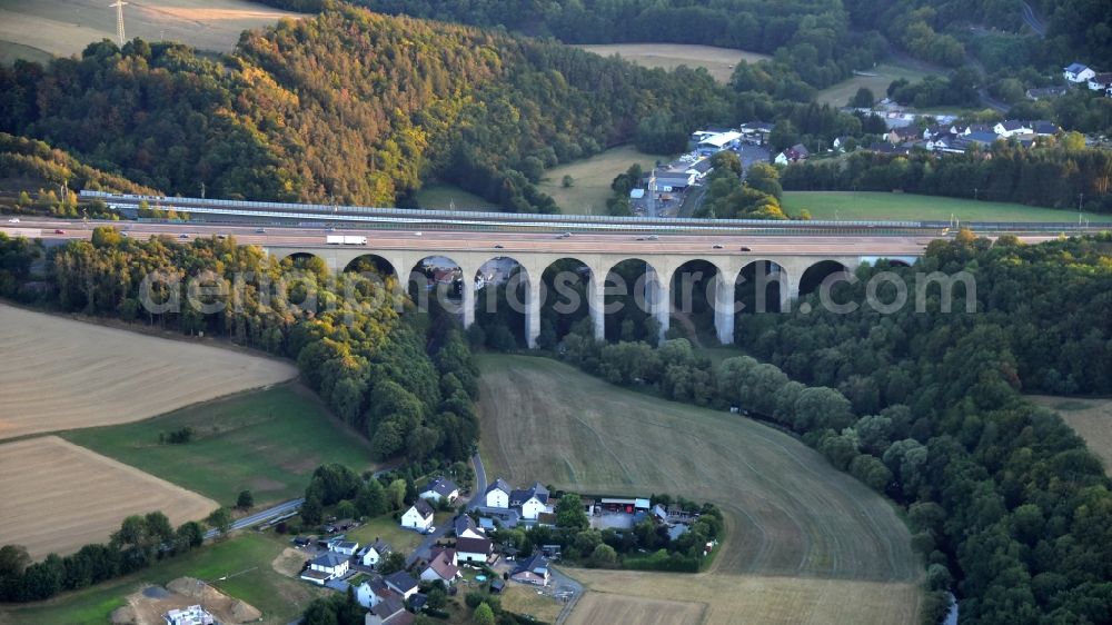 Neustadt (Wied) from above - Routing and lanes in the course of the motorway bridge structure of the BAB A Wiedtalbruecke in the district Panau in Neustadt (Wied) in the state Rhineland-Palatinate, Germany