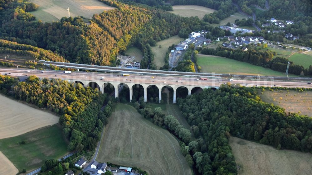 Neustadt (Wied) from the bird's eye view: Routing and lanes in the course of the motorway bridge structure of the BAB A Wiedtalbruecke in the district Panau in Neustadt (Wied) in the state Rhineland-Palatinate, Germany
