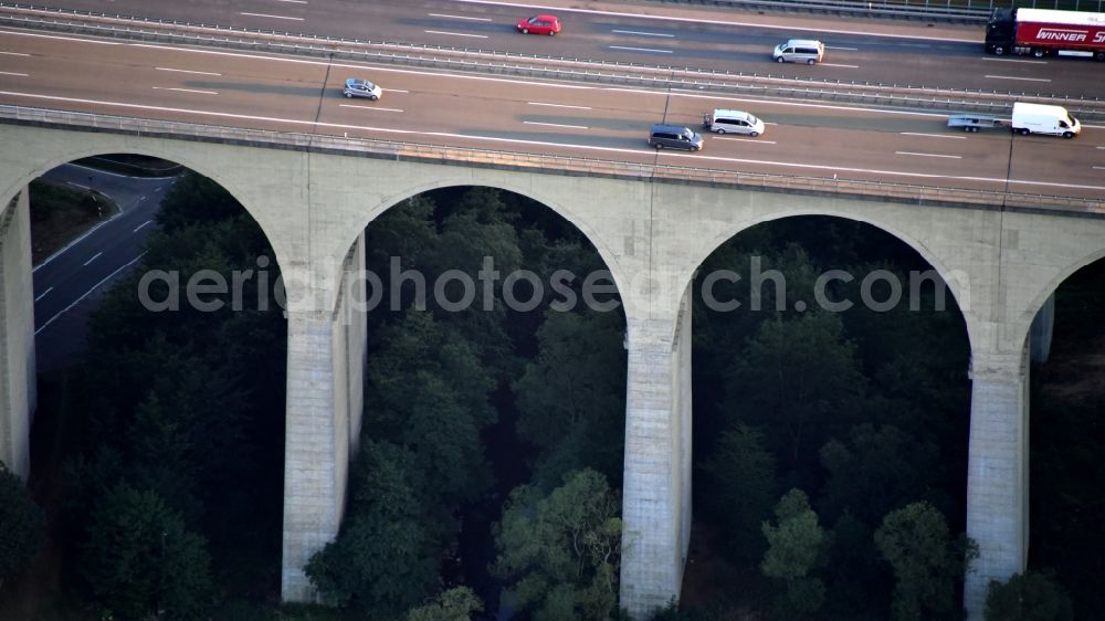 Aerial image Neustadt (Wied) - Routing and lanes in the course of the motorway bridge structure of the BAB A Wiedtalbruecke in the district Panau in Neustadt (Wied) in the state Rhineland-Palatinate, Germany