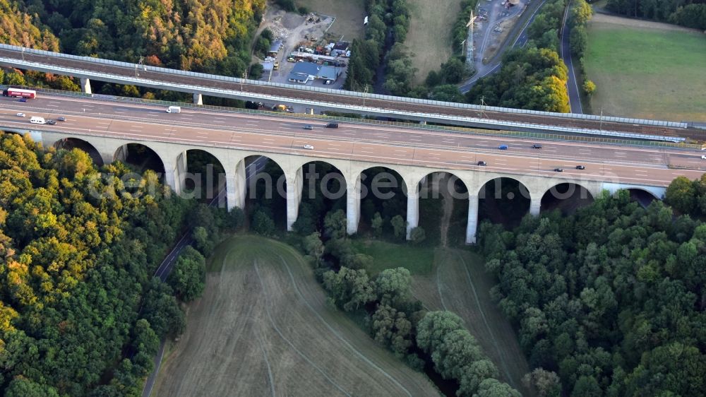 Aerial photograph Neustadt (Wied) - Routing and lanes in the course of the motorway bridge structure of the BAB A Wiedtalbruecke in the district Panau in Neustadt (Wied) in the state Rhineland-Palatinate, Germany