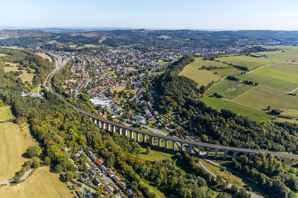 Altenbeken from above - Viaduct of the railway bridge structure to route the railway tracks in Altenbeken in the state North Rhine-Westphalia, Germany