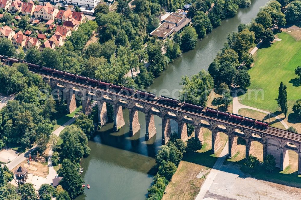 Bietigheim-Bissingen from above - Viaduct of the railway bridge structure to route the railway tracks in Bietigheim-Bissingen in the state Baden-Wurttemberg, Germany