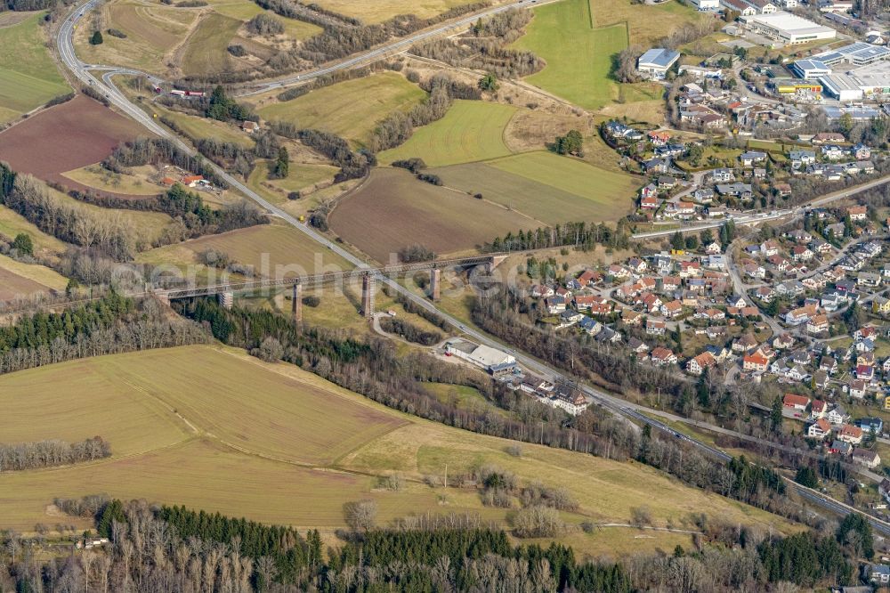 Dornstetten from above - Viaduct of the railway bridge structure to route the railway tracks in Dornstetten in the state Baden-Wurttemberg, Germany