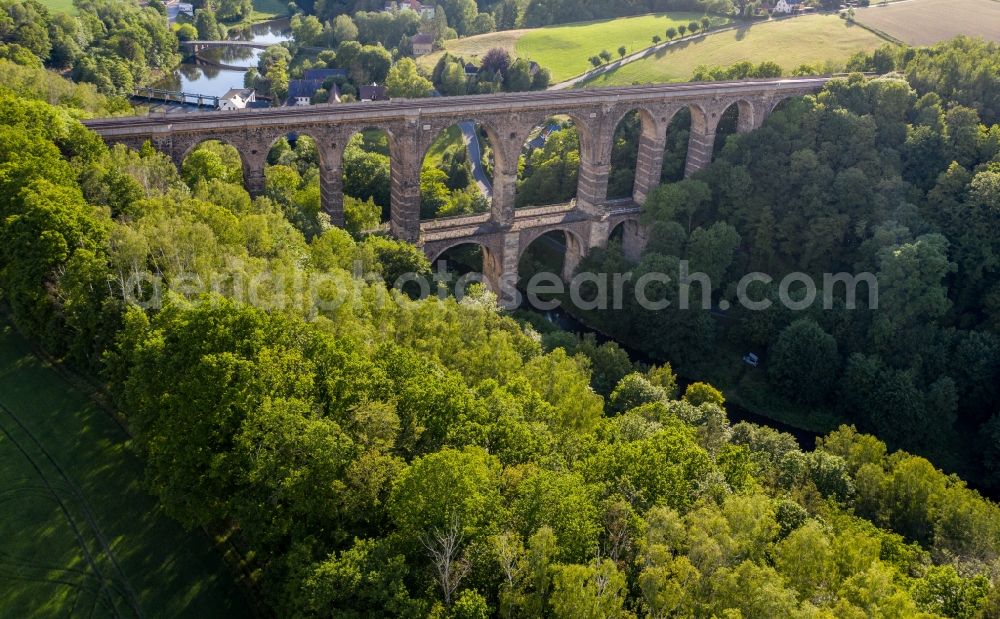 Aerial image Göhren - Viaduct of the railway bridge structure to route the railway tracks in Goehren in the state Saxony, Germany