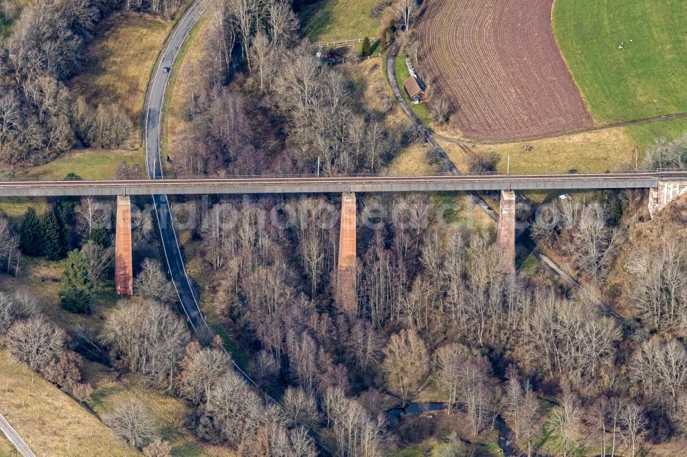 Grüntal from the bird's eye view: Viaduct of the railway bridge structure to route the railway tracks in Gruental in the state Baden-Wurttemberg, Germany