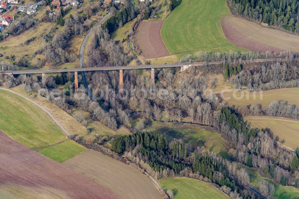 Aerial photograph Grüntal - Viaduct of the railway bridge structure to route the railway tracks in Gruental in the state Baden-Wurttemberg, Germany