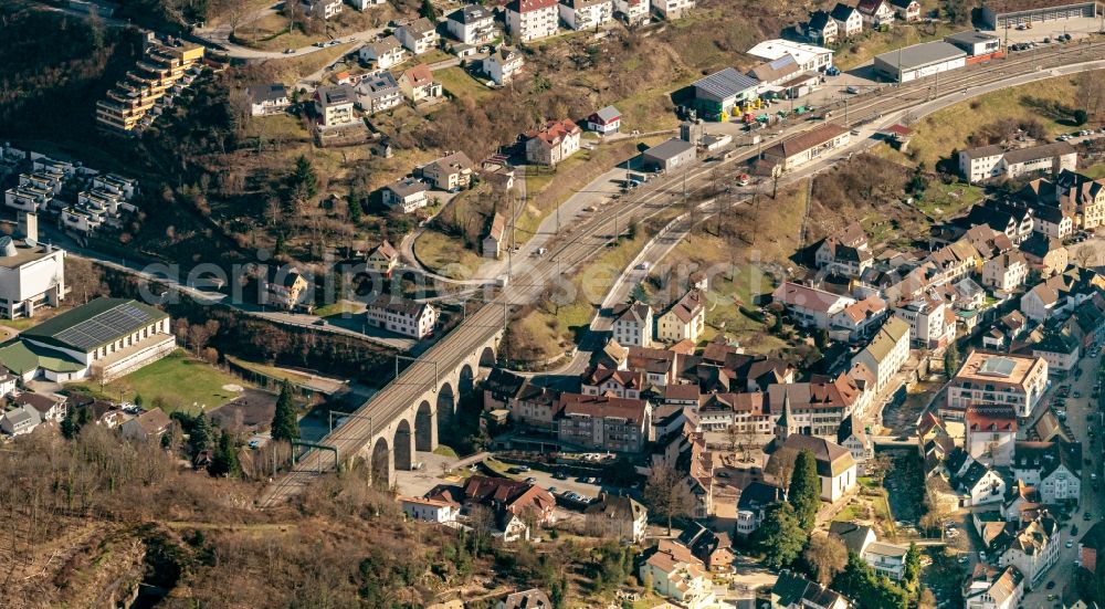 Hornberg from the bird's eye view: Viaduct of the railway bridge structure to route the railway tracks in Hornberg in the state Baden-Wuerttemberg, Germany