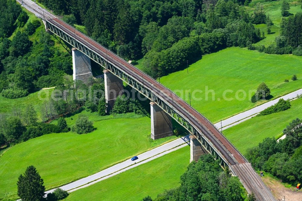 Labermühle from above - Viaduct of the railway bridge structure to route the railway tracks in Labermuehle in the state Bavaria, Germany