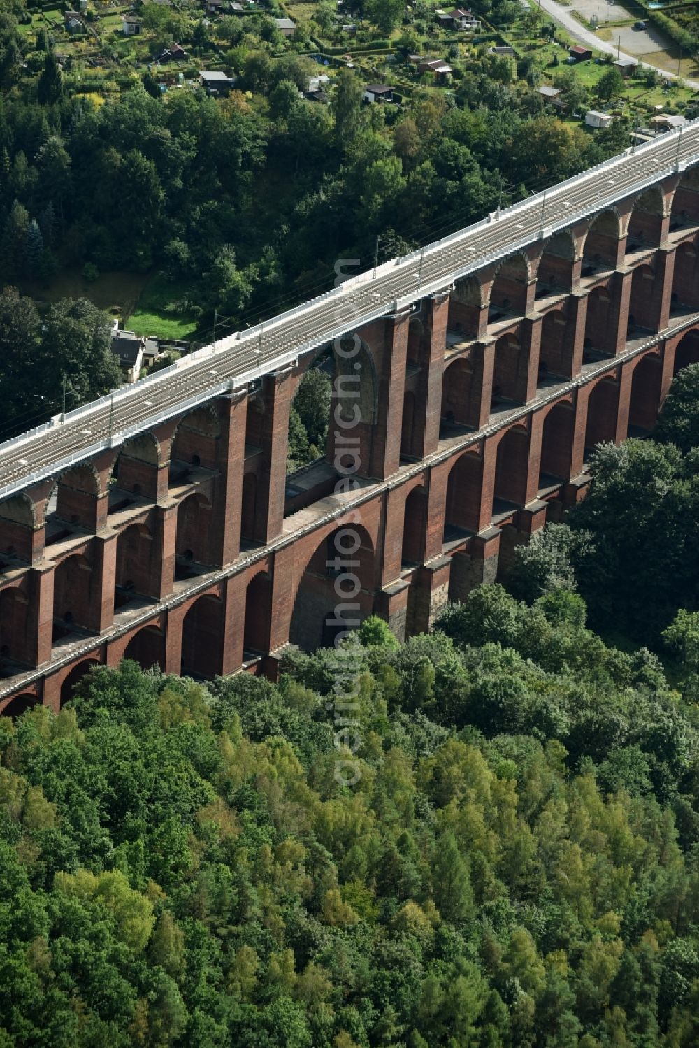 Netzschkau from above - Viaduct of the railway bridge structure to route the railway tracks in Netzschkau in the state Saxony, Germany