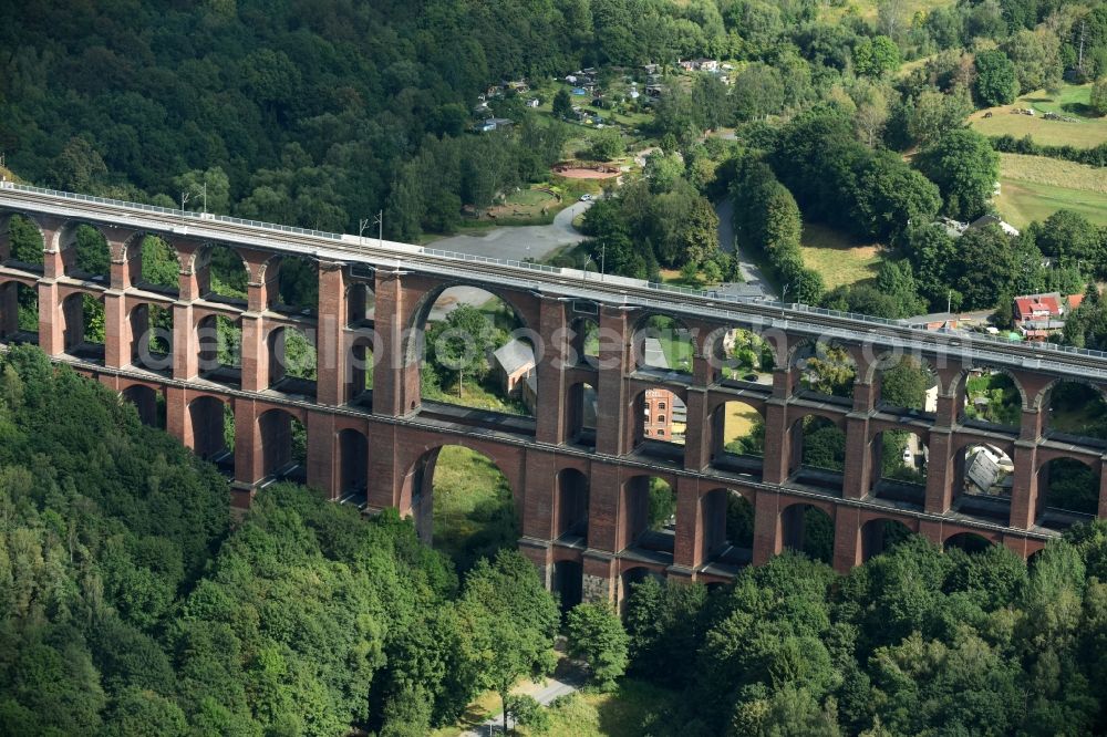 Netzschkau from the bird's eye view: Viaduct of the railway bridge structure to route the railway tracks in Netzschkau in the state Saxony, Germany