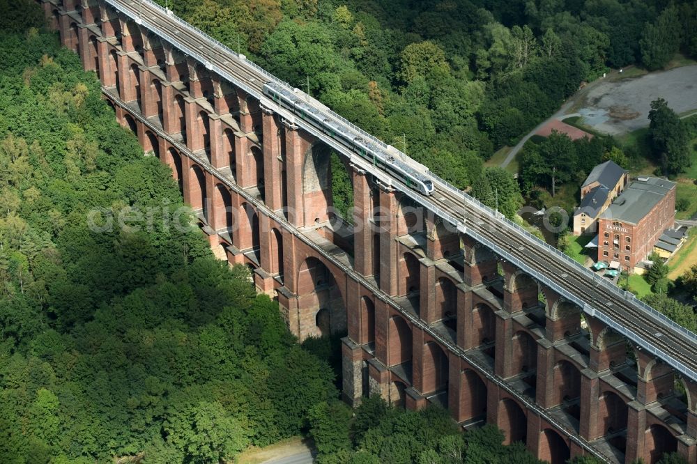 Netzschkau from the bird's eye view: Viaduct of the railway bridge structure to route the railway tracks in Netzschkau in the state Saxony, Germany