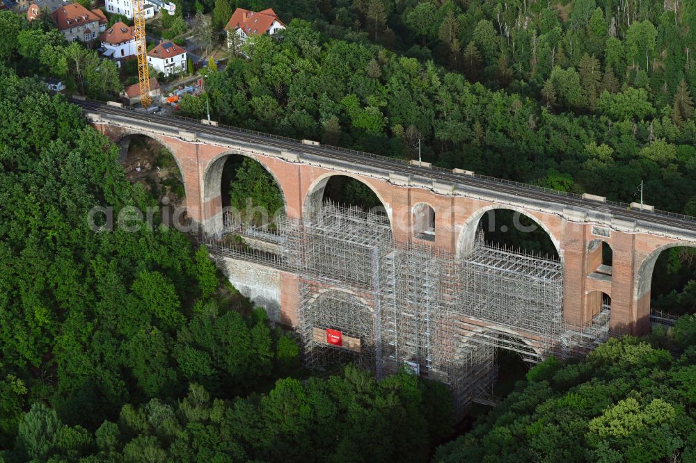 Aerial image Plauen - Viaduct of the railway bridge structure to route the railway tracks on street Friedensstrasse in Plauen Vogtland in the state Saxony, Germany